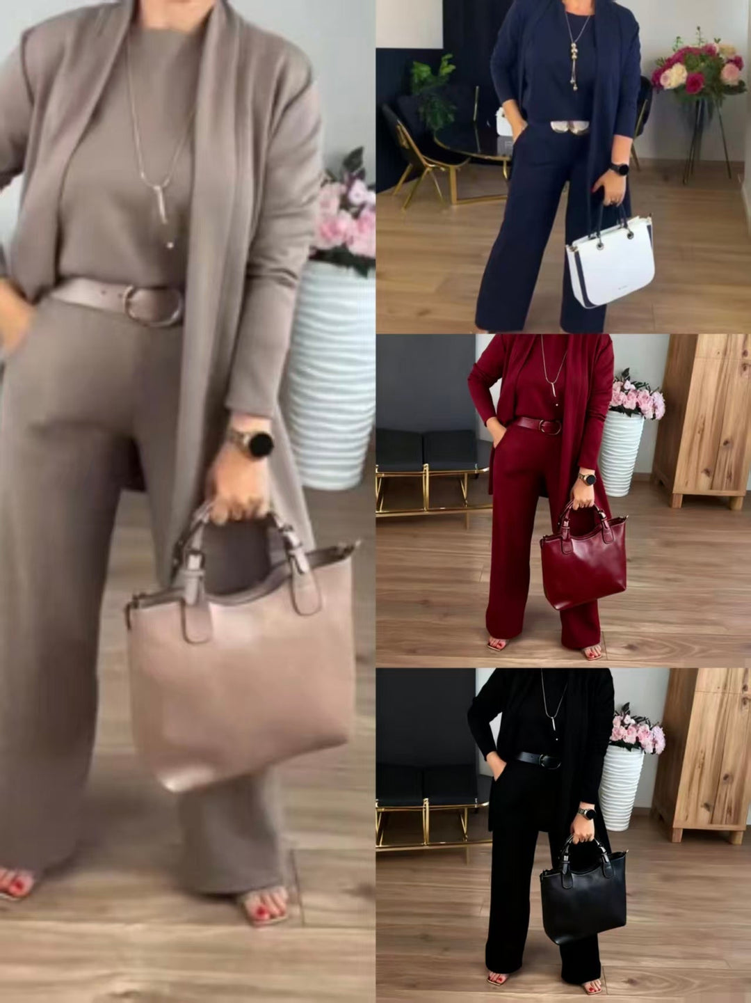 Elegante conjunto de 3 piezas: cárdigan largo, top y pantalón