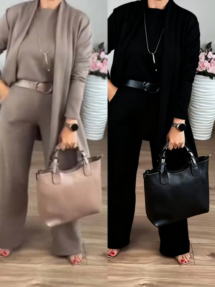 Elegante conjunto de 3 piezas: cárdigan largo, top y pantalón