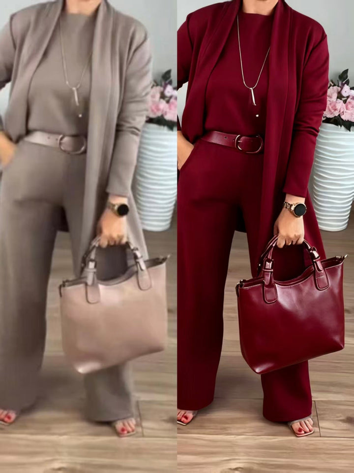 Elegante conjunto de 3 piezas: cárdigan largo, top y pantalón