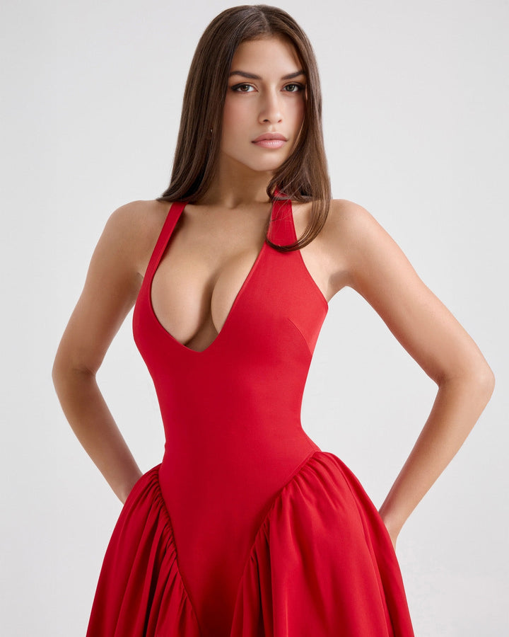 Monroe – Vestido Midi Rojo de Estilo Icónico