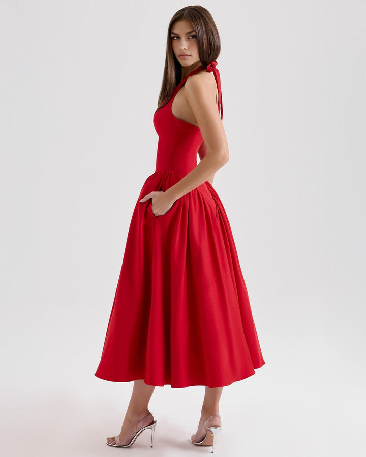 Monroe – Vestido Midi Rojo de Estilo Icónico