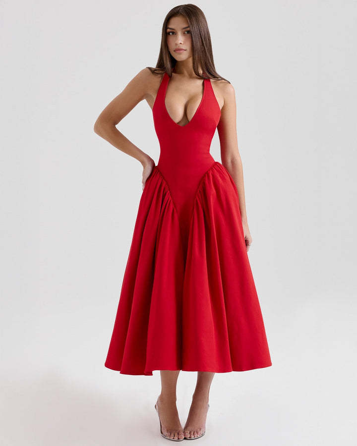 Monroe – Vestido Midi Rojo de Estilo Icónico
