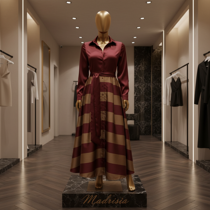 Nessia Vestido Camisero Largo a Rayas con Cinturón