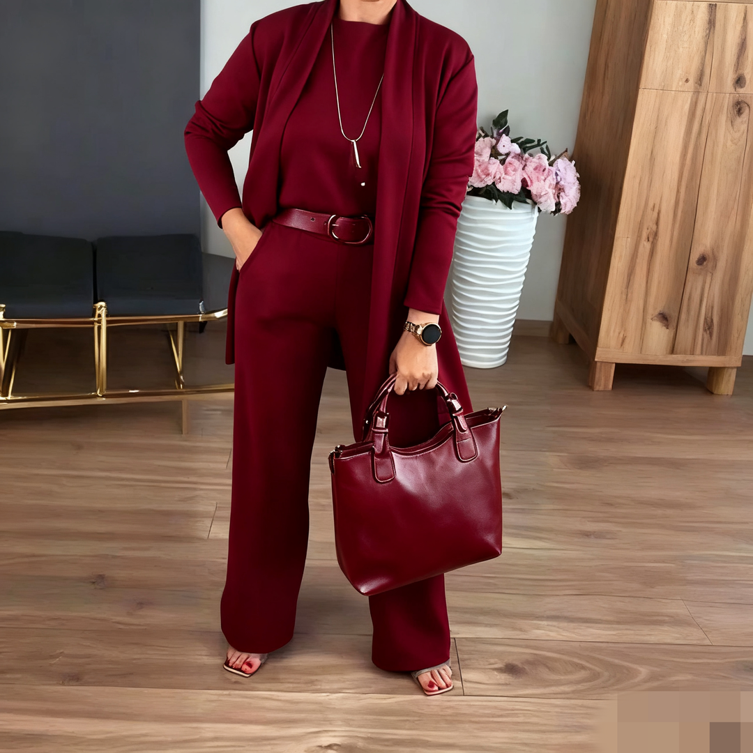 Elegante conjunto de 3 piezas: cárdigan largo, top y pantalón