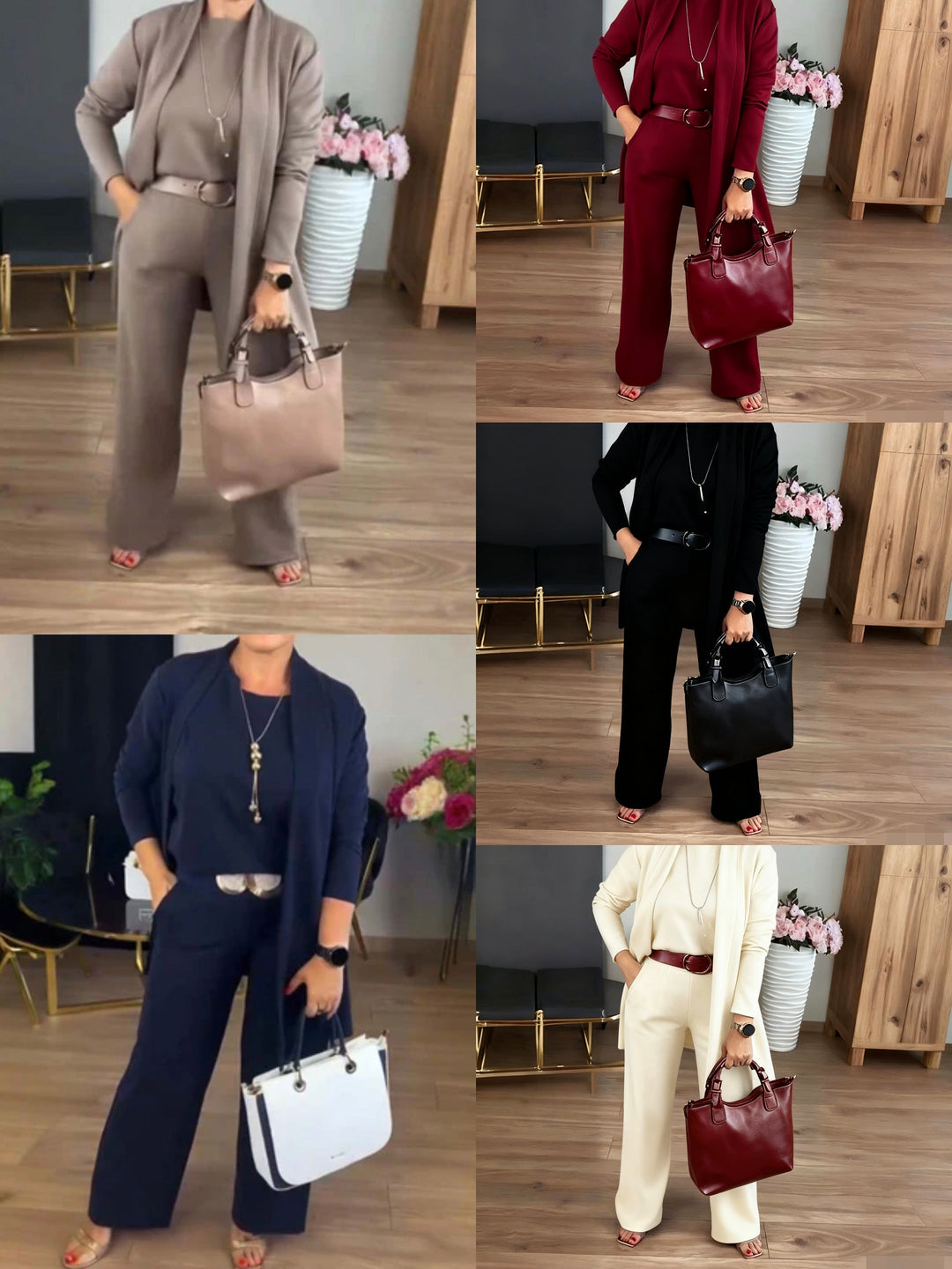 Elegante conjunto de 3 piezas: cárdigan largo, top y pantalón