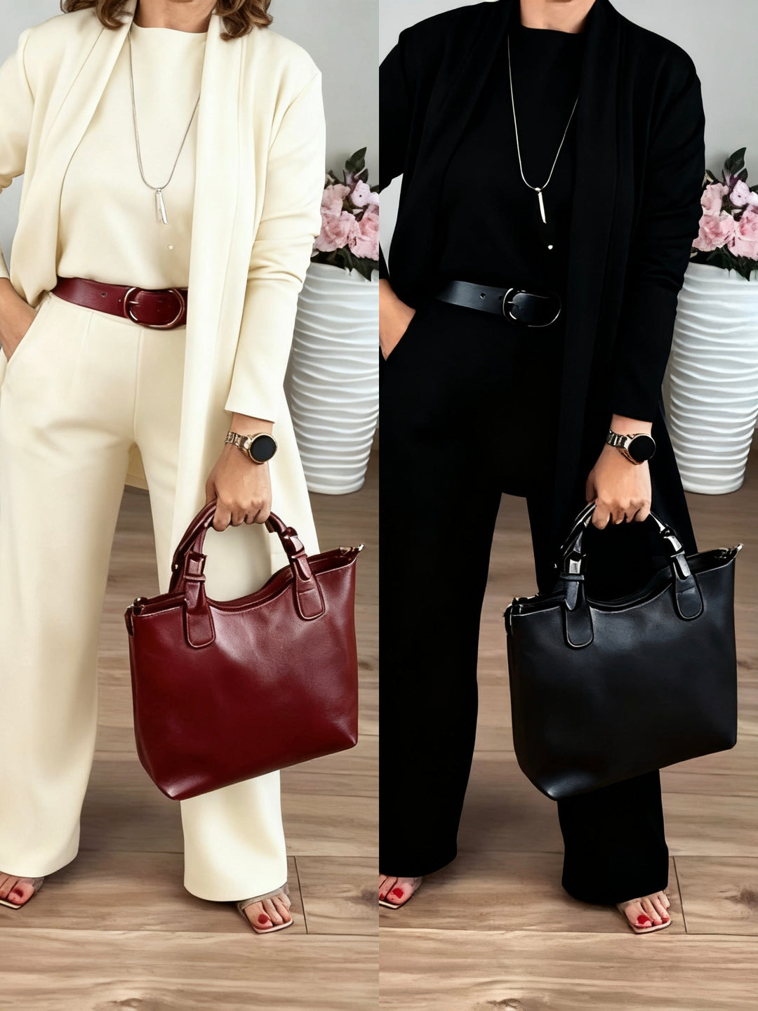 Elegante conjunto de 3 piezas: cárdigan largo, top y pantalón