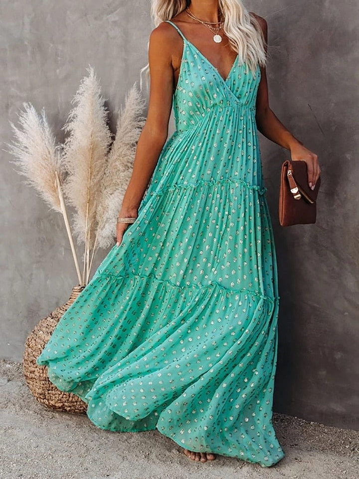 Evi™ Vestido Maxi Verde Con Escote En V Y Estampado Veraniego De Ibiza