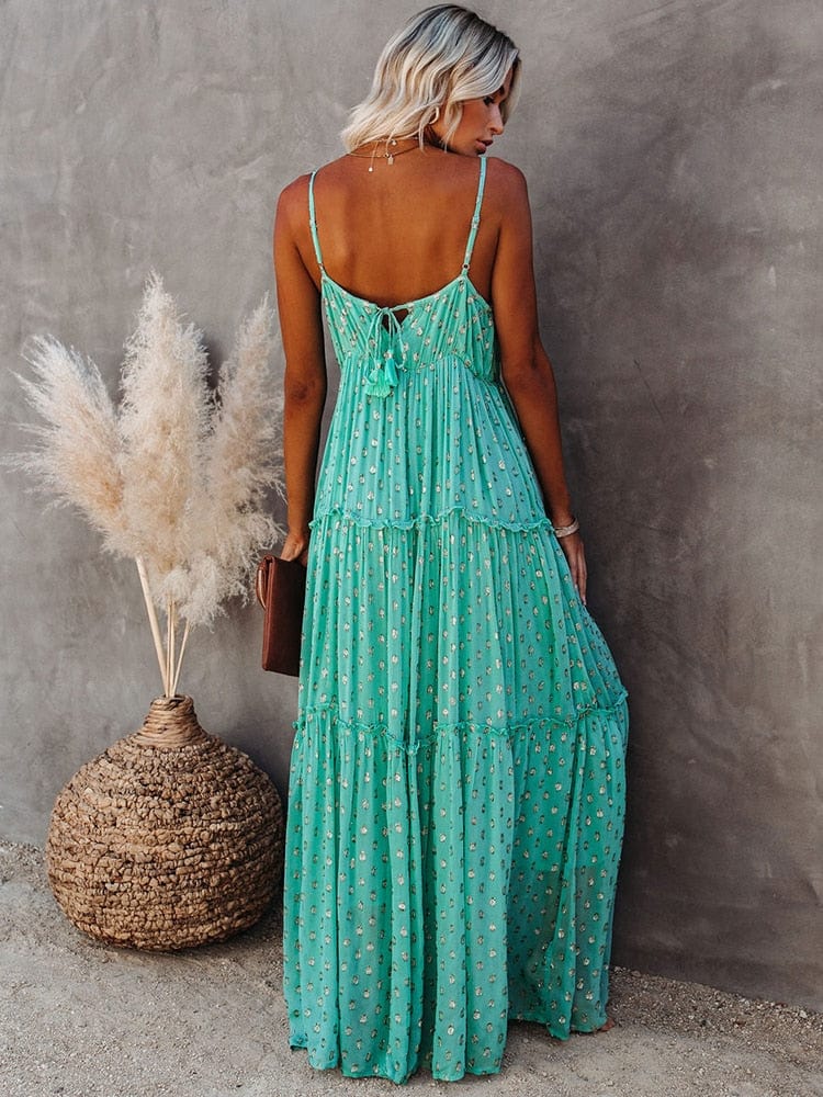 Evi™ Vestido Maxi Verde Con Escote En V Y Estampado Veraniego De Ibiza