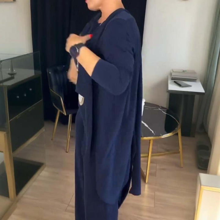 Elegante conjunto de 3 piezas: cárdigan largo, top y pantalón
