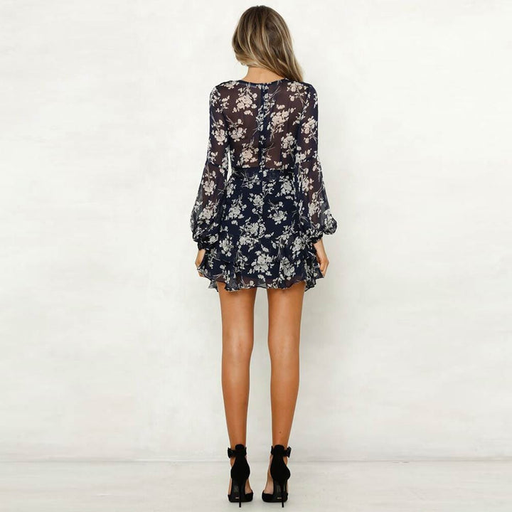 Carlijne™ - Vestido Corto Azul de Primavera con Escote en V y Estampado de Flores Azules